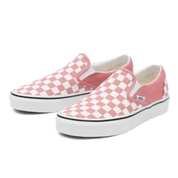 Womens pink checkerboard slip on hot sale vans